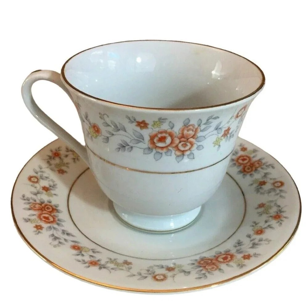 VTG FTDA 1987 Footed Tea Cup & Saucer White Silver Band Peach Floral Cottagecore